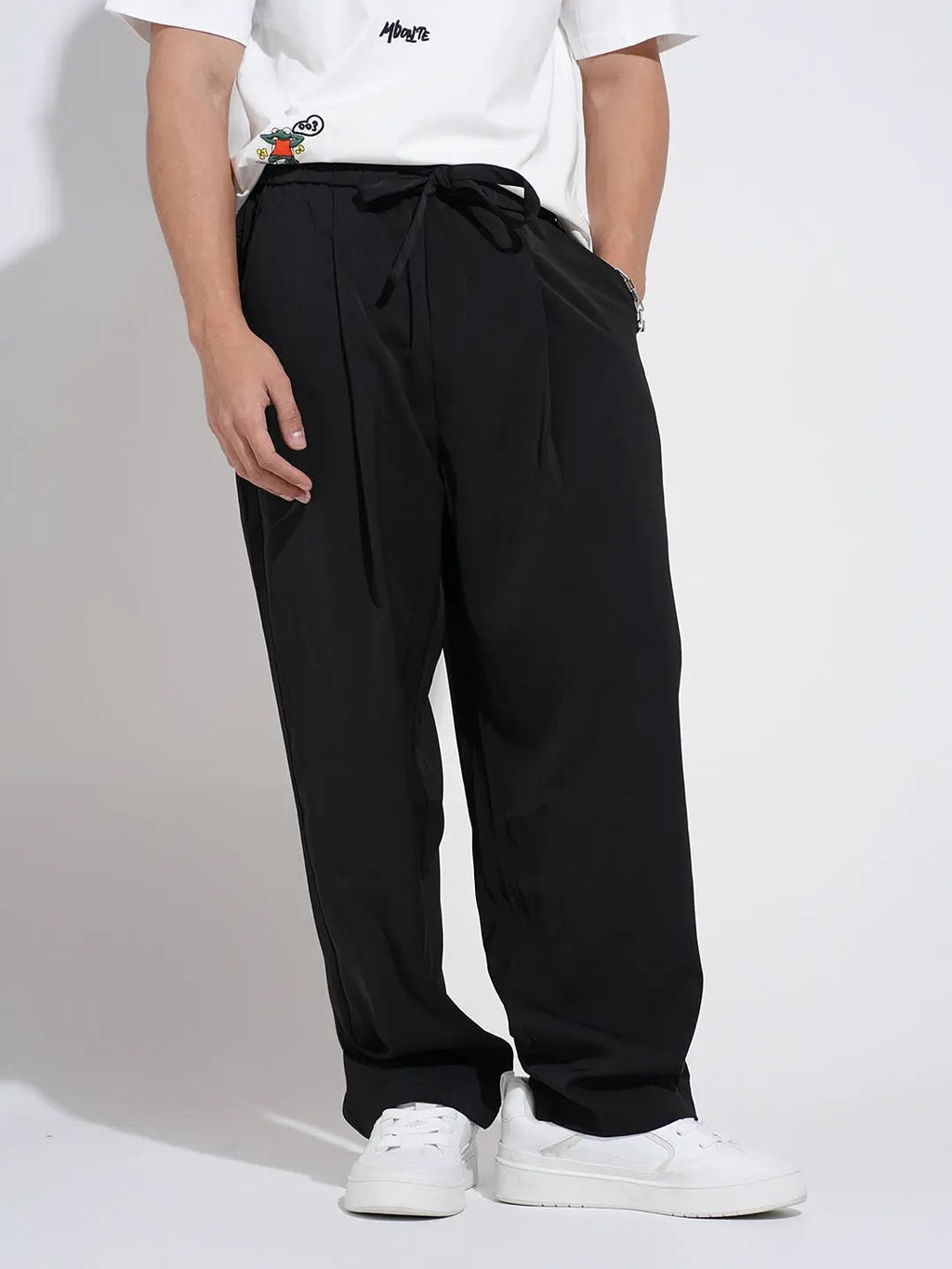 Men's Black Pleated Loose Fit Trousers with Elasticated Waist and Drawstring