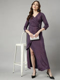 Women's Purple V Neck Three-Quarter Sleeves Warp Dress