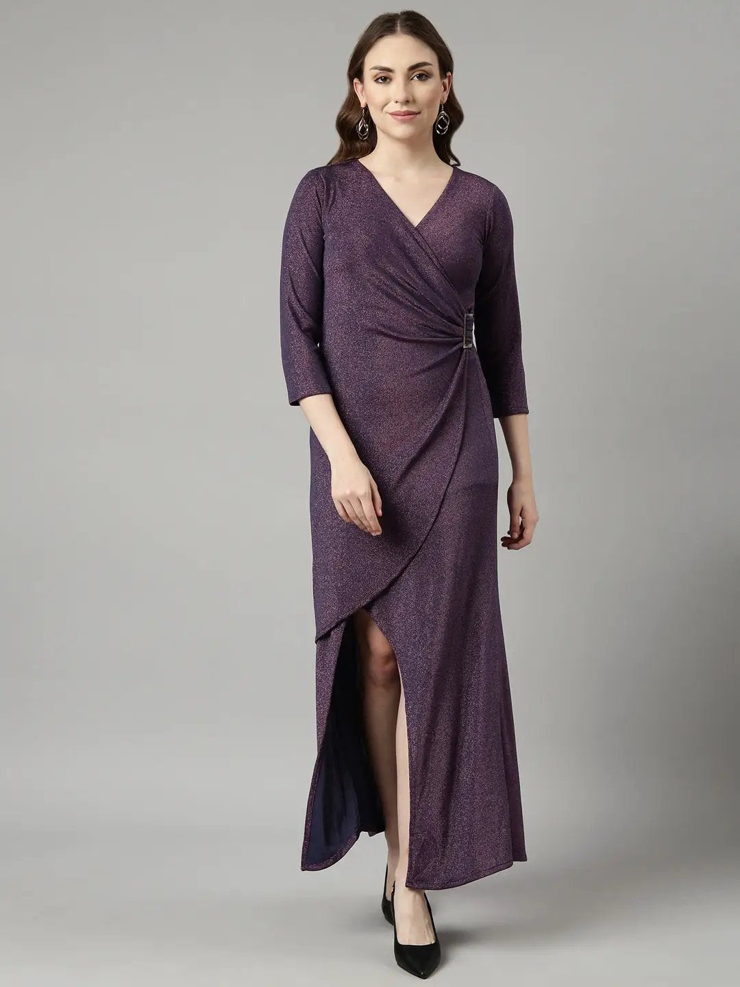 Women's Purple V Neck Three-Quarter Sleeves Warp Dress