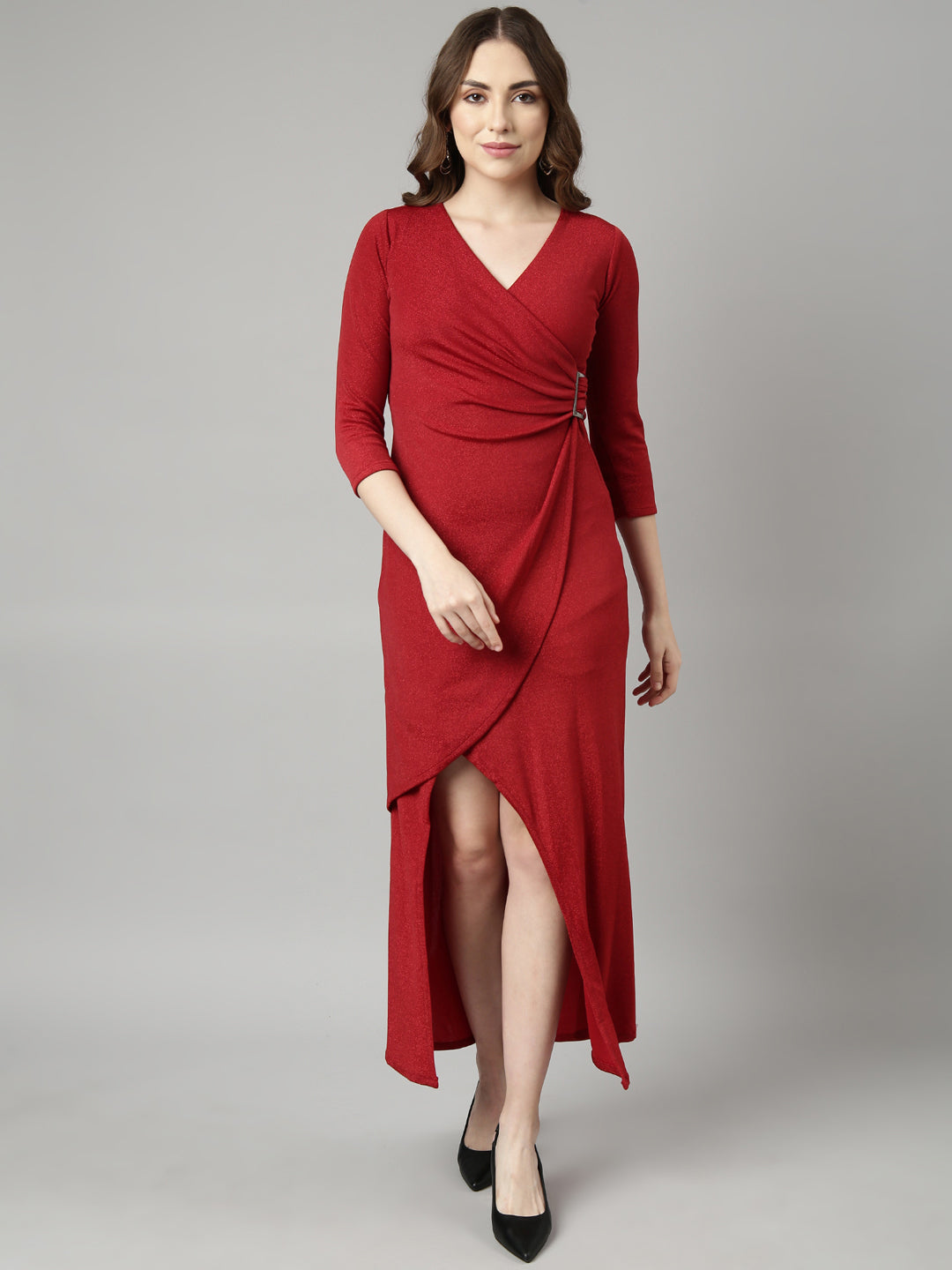 Women's Red Maxi Wrap Party Wear Dress