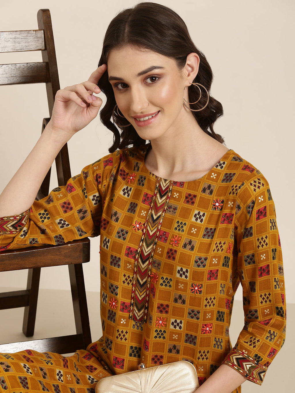 Women's Mustard Ethnic Motifs Printed Mirror Work Kurta Set