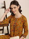 Women's Mustard Ethnic Motifs Printed Mirror Work Kurta Set