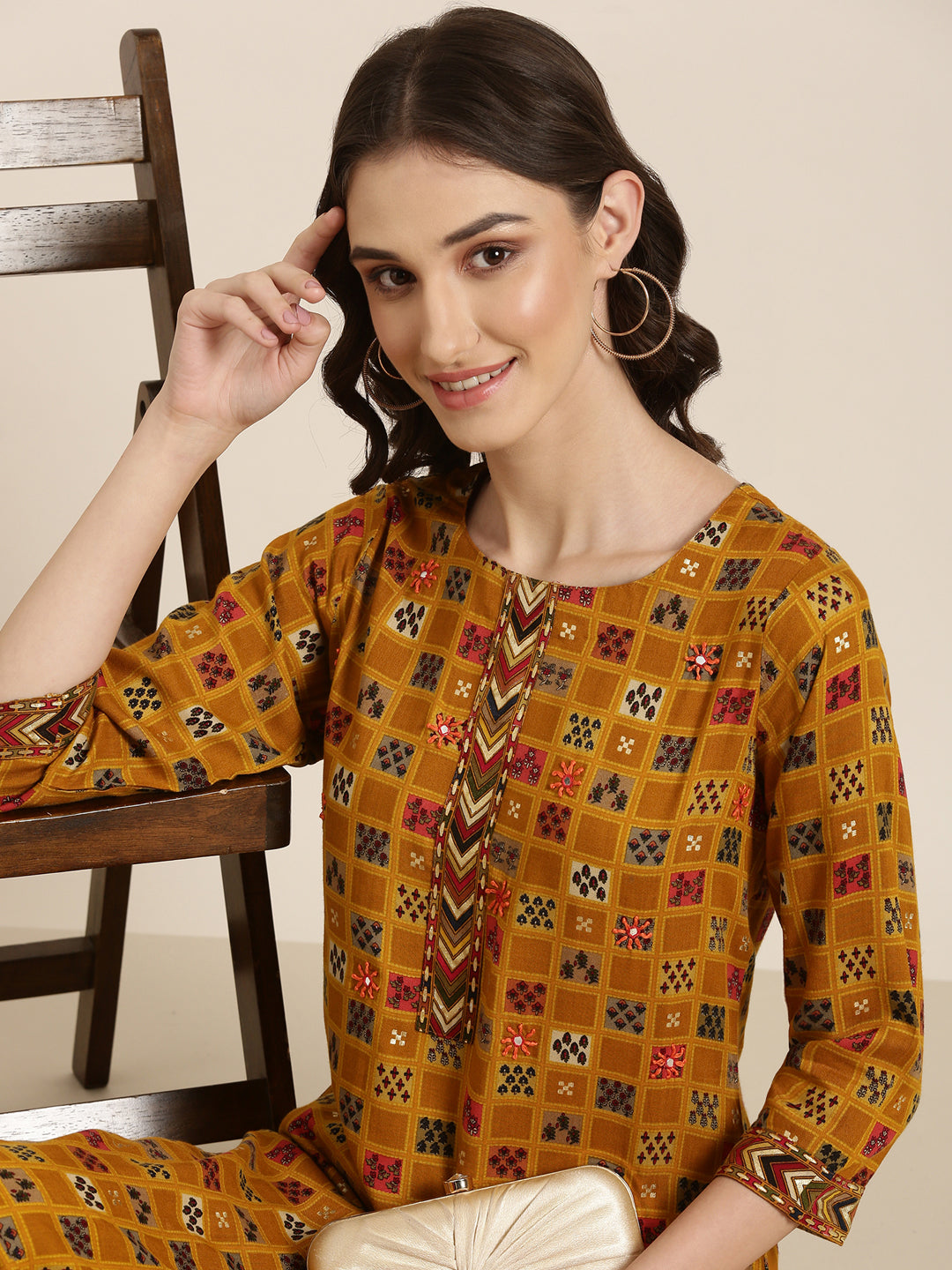 Women's Mustard Ethnic Motifs Printed Mirror Work Kurta Set