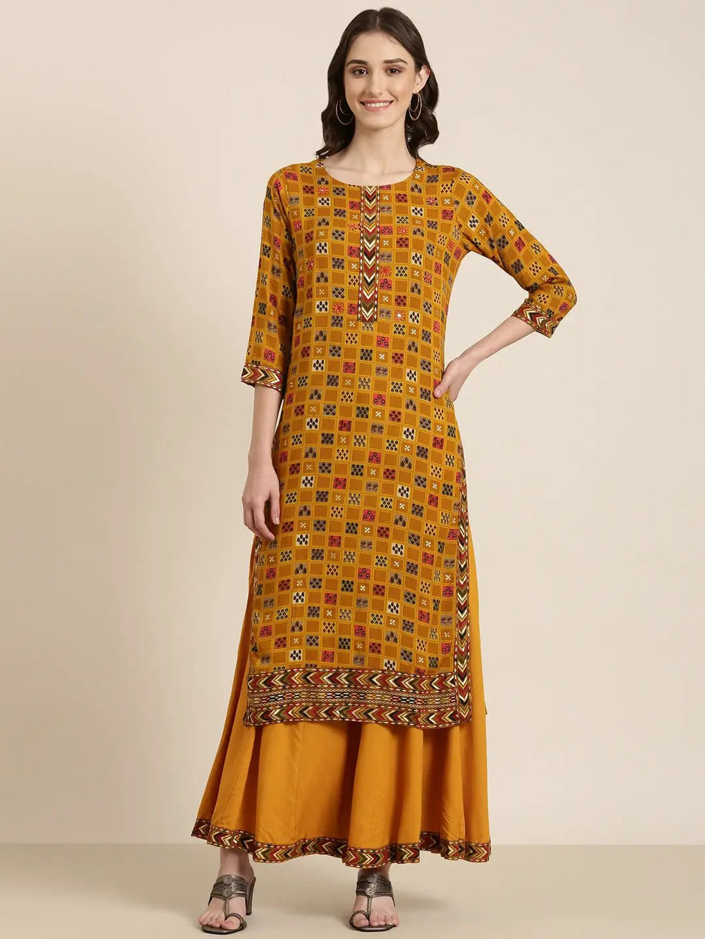 Women's Mustard Ethnic Motifs Printed Mirror Work Kurta Set