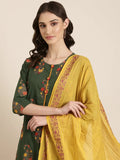 Women's Green Floral Printed Regular Thread Work Kurta Set With Dupatta