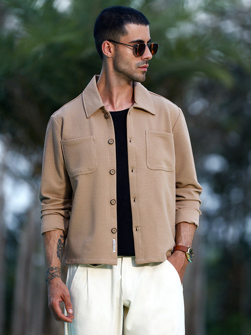 Beige Textured Cotton Casual Overshirt