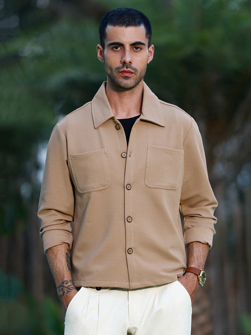 Beige Textured Cotton Casual Overshirt