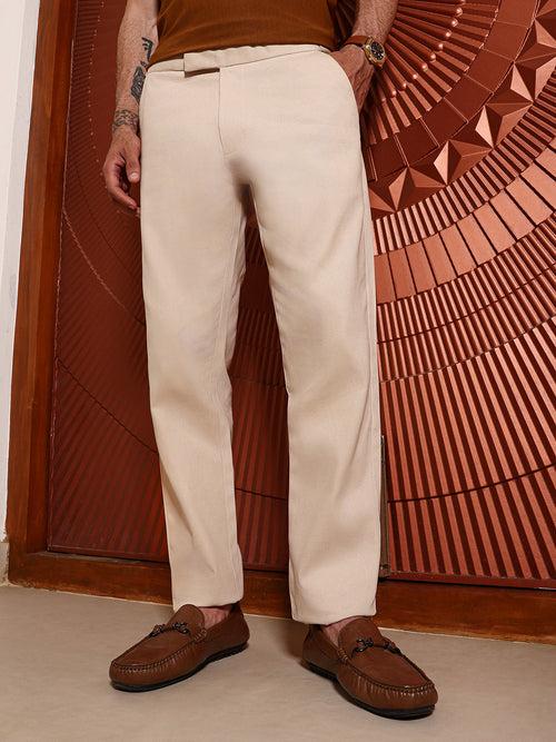 Beige Regular Fit Cotton Trousers