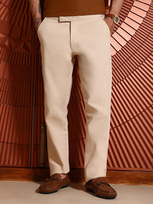 Beige Regular Fit Cotton Trousers