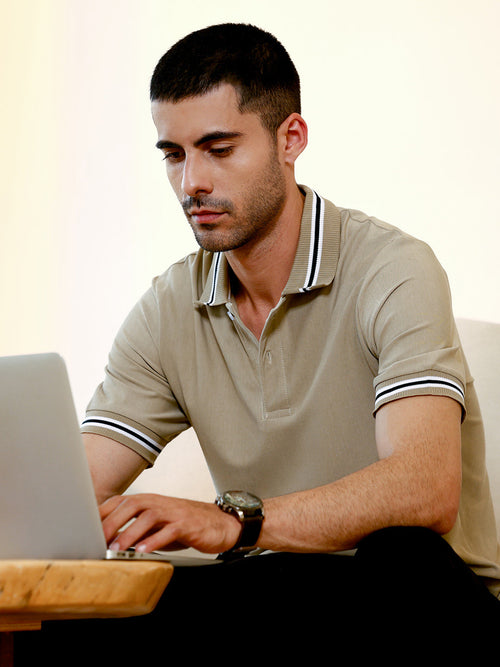 Beige Tipped Collar Short Sleeve Polycotton Stretch Polo T-shirt