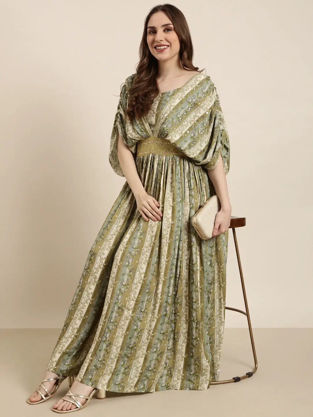 Women's Green Floral Print Cape Sleeve Fit & Flare Dress