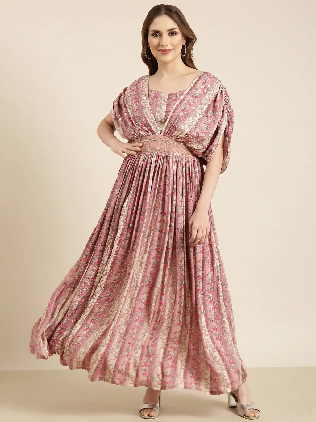 Women's Peach Flared Sleeves Floral Printed Fit and Flare Dress