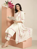 Women's Straight Cream Floral Kurta Sets with Trousers & Dupatta