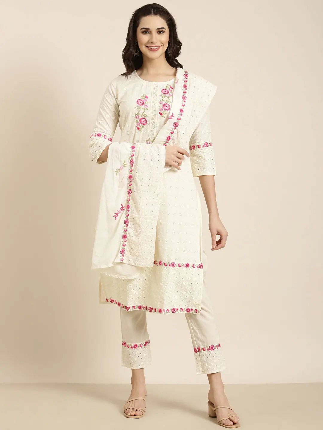 Women's Straight Cream Floral Kurta Sets with Trousers & Dupatta