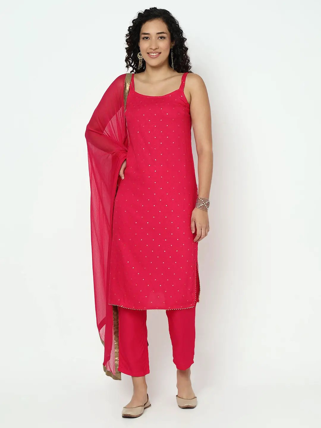 Women's Embroidered Pink Sleeveless Straight Kurta Set with Dupatta