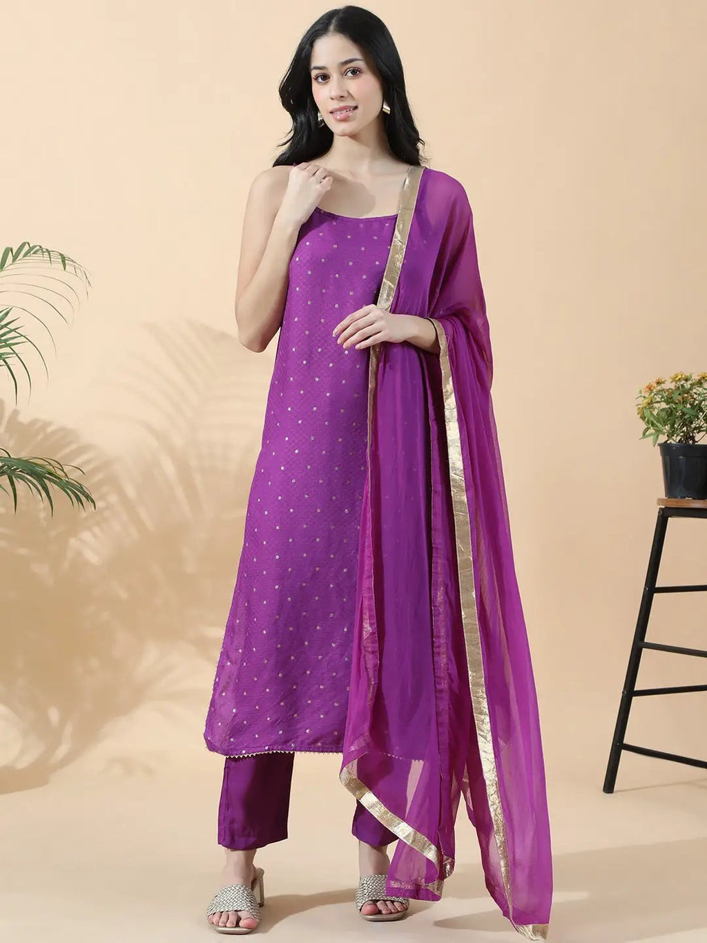 Women's Embroidered Purple Sleeveless Straight Kurta Set with Dupatta