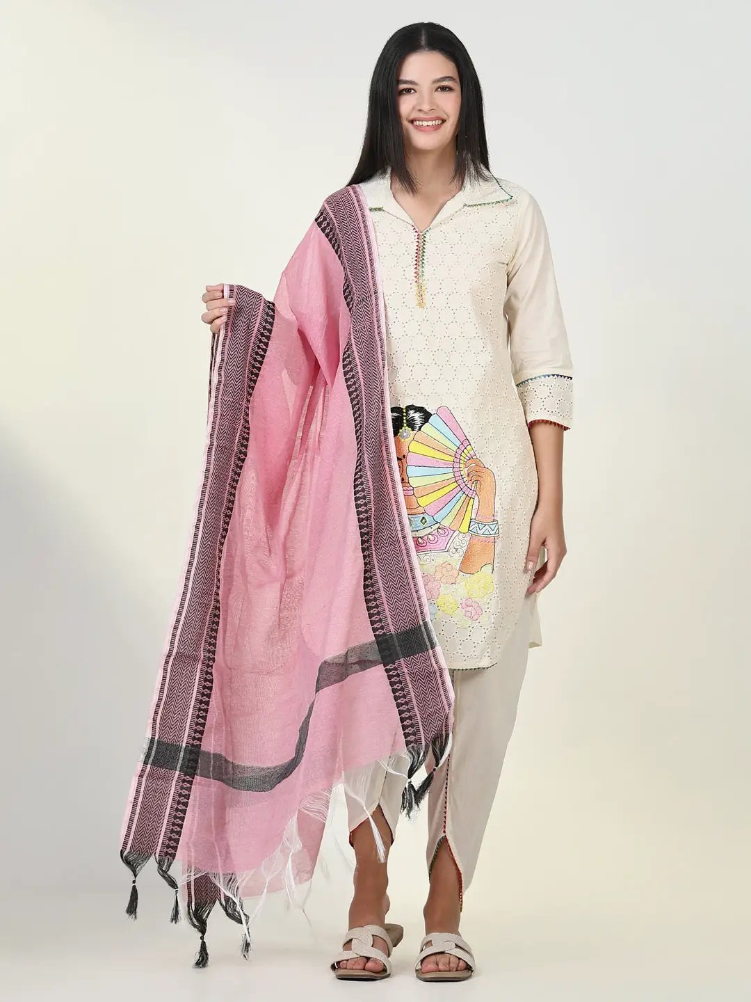 Women's Embroidered Cream Kurta Set with Dupatta