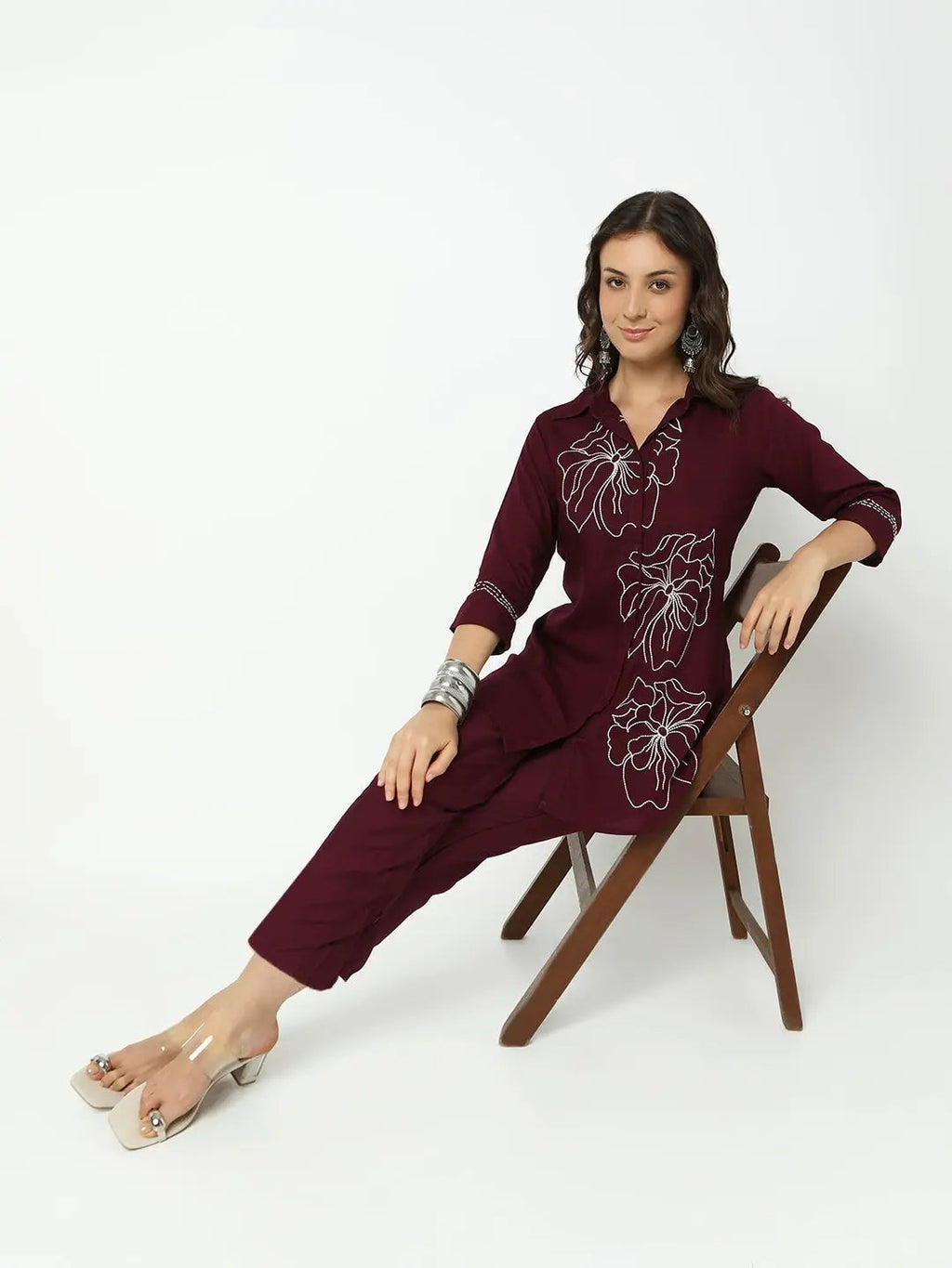 Women's Embroidered Burgundy A-Line Kurta Set with Straight Pants