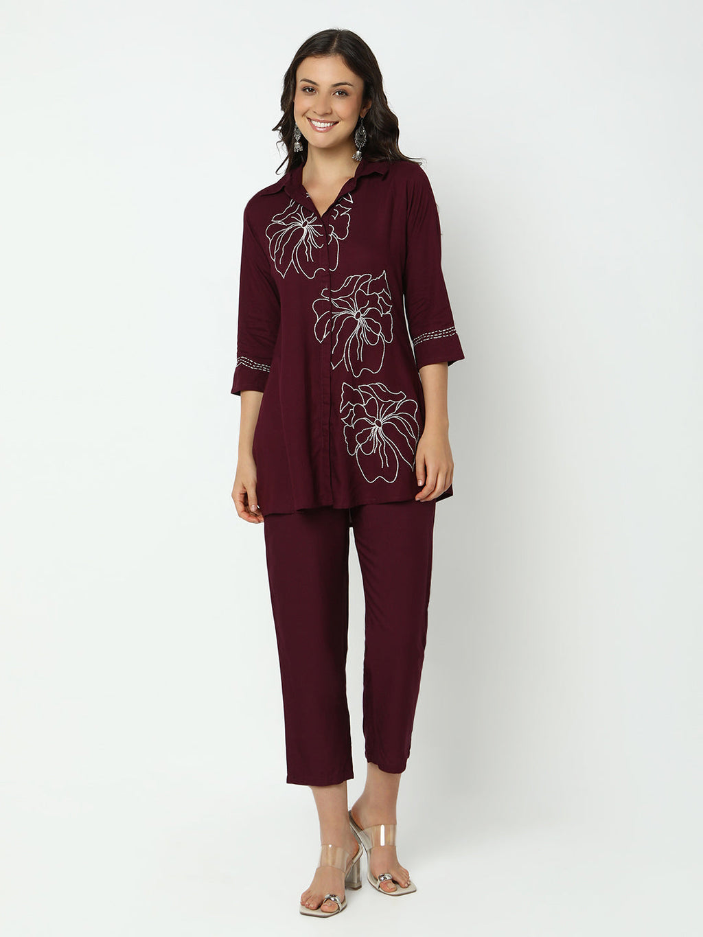 Women's Embroidered Burgundy A-Line Kurta Set with Straight Pants