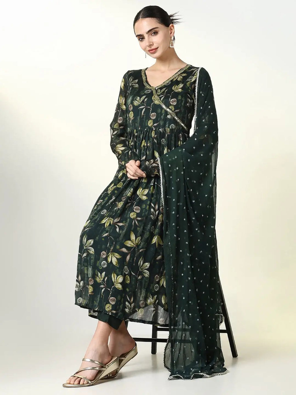 Women's Floral Printed Green A Line Kurta Set with Dupatta