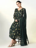 Women's Floral Printed Green A Line Kurta Set with Dupatta