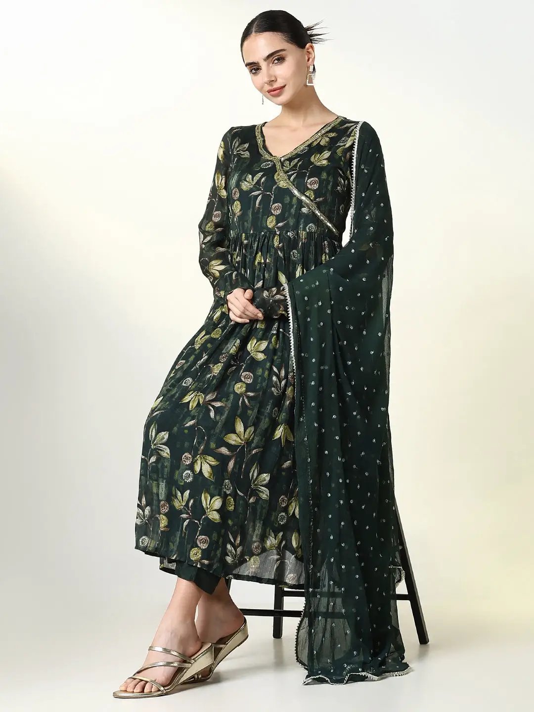 Women's Floral Printed Green A Line Kurta Set with Dupatta