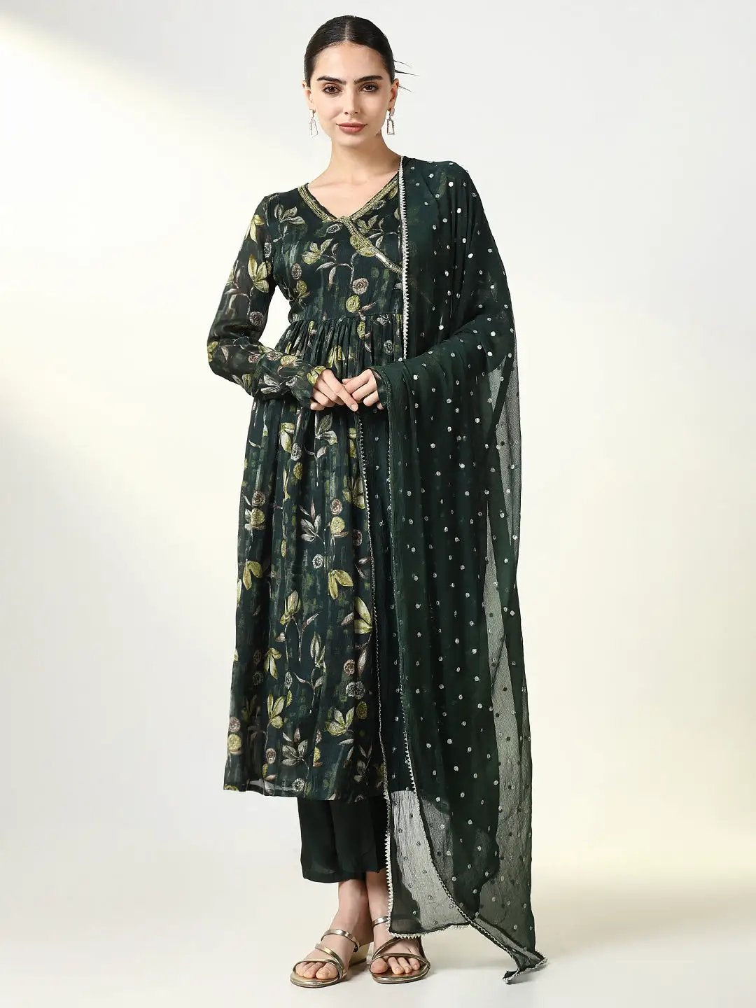 Women's Floral Printed Green A Line Kurta Set with Dupatta