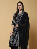 Women's Floral Black A-Line Kurta Set with Dupatta