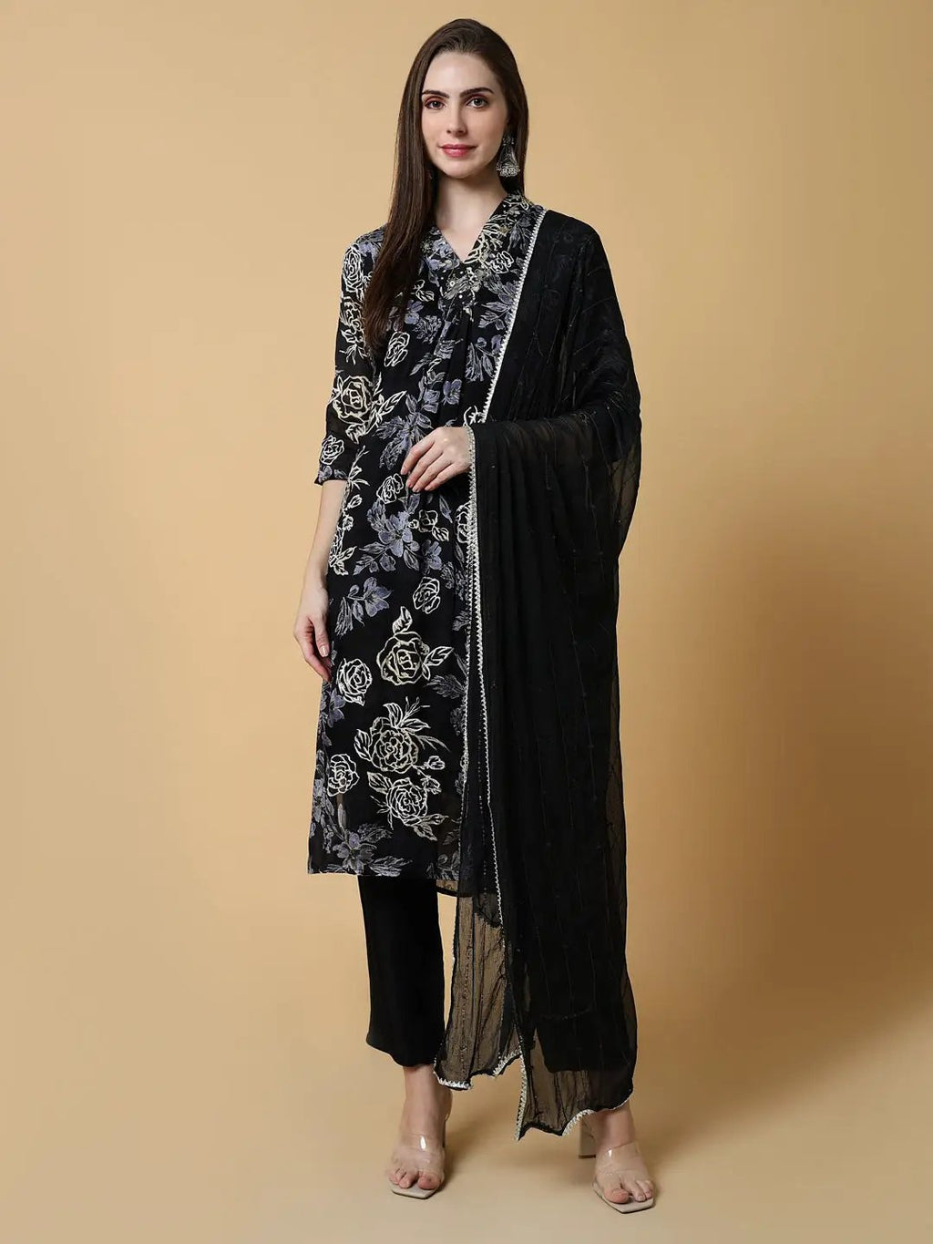 Women's Floral Black A-Line Kurta Set with Dupatta