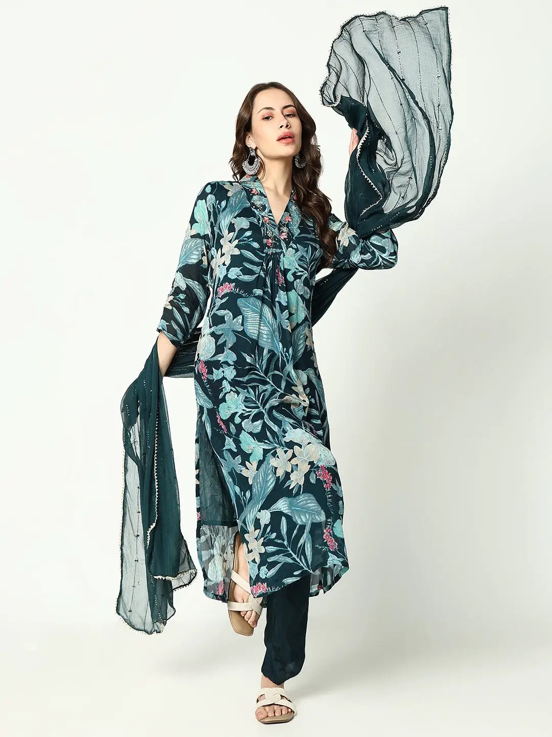 Women's Floral Teal A Line Kurta Set with Dupatta