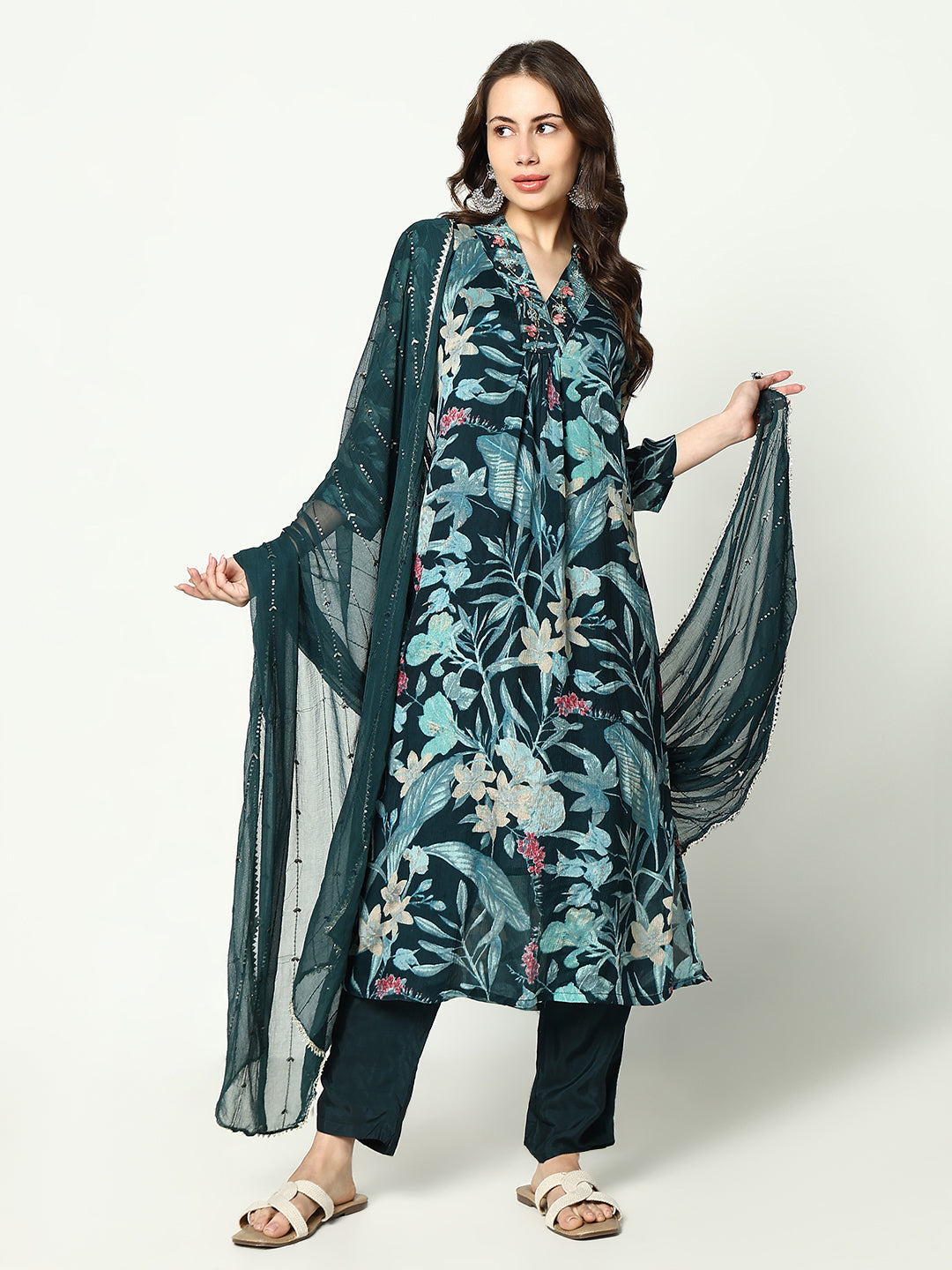 Women's Floral Teal A Line Kurta Set with Dupatta