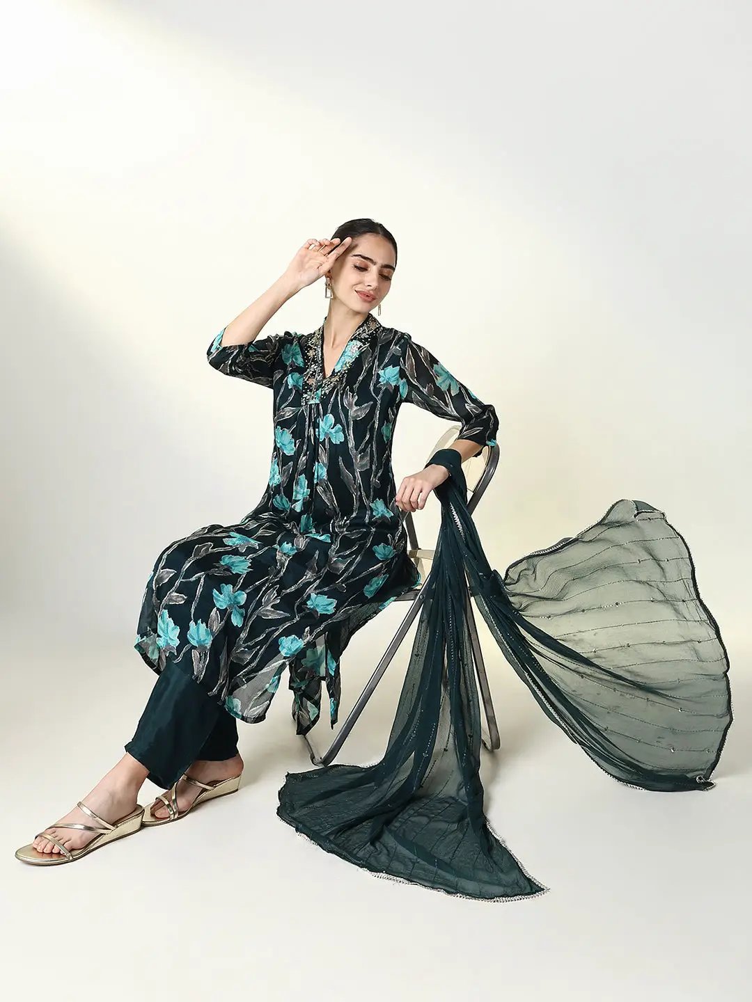 Women's Floral Printed Teal Straight Kurta Set with Dupatta
