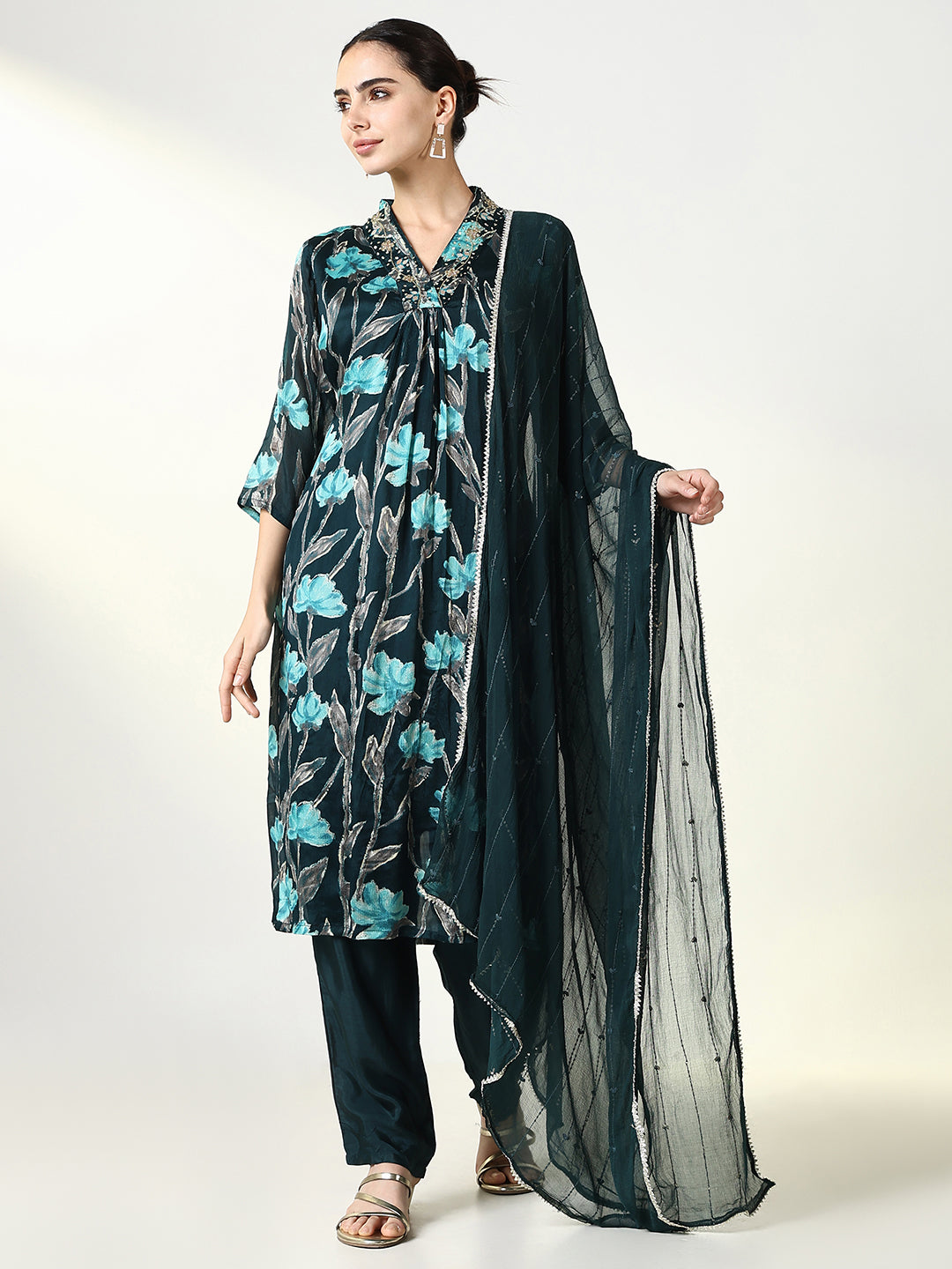 Women's Floral Printed Teal Straight Kurta Set with Dupatta