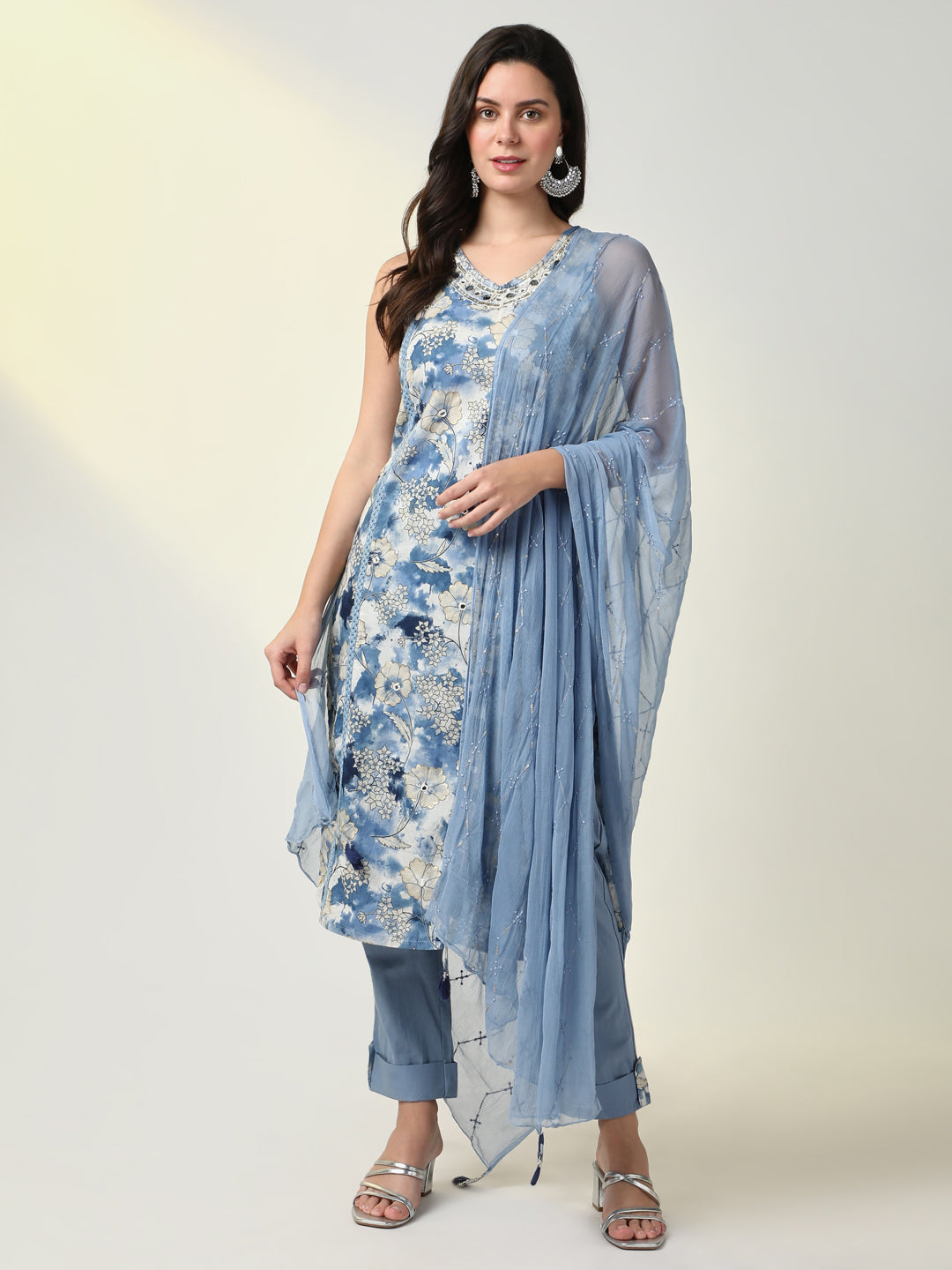 Women's Blue Floral Kurta Sets with Dupatta