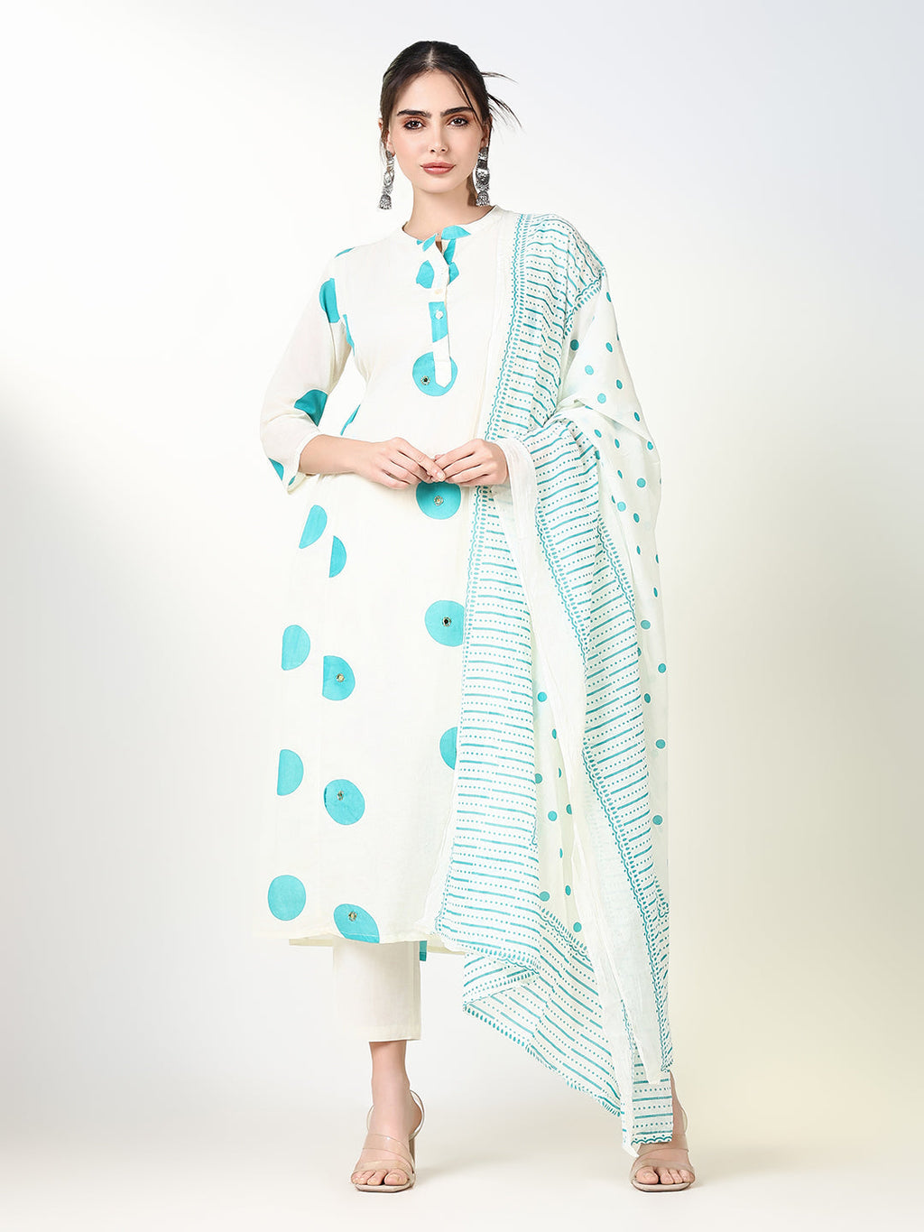 Women's Printed Cream A Line Kurta Set with Dupatta