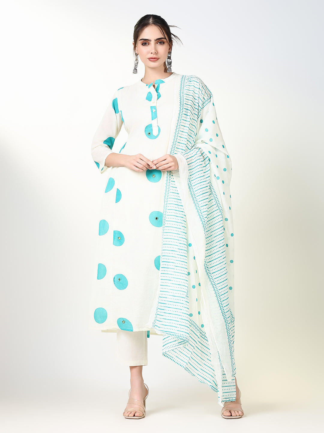 Women's Printed Cream A Line Kurta Set with Dupatta