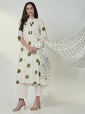 Women's Geometric Off White A Line Kurta Set with Dupatta