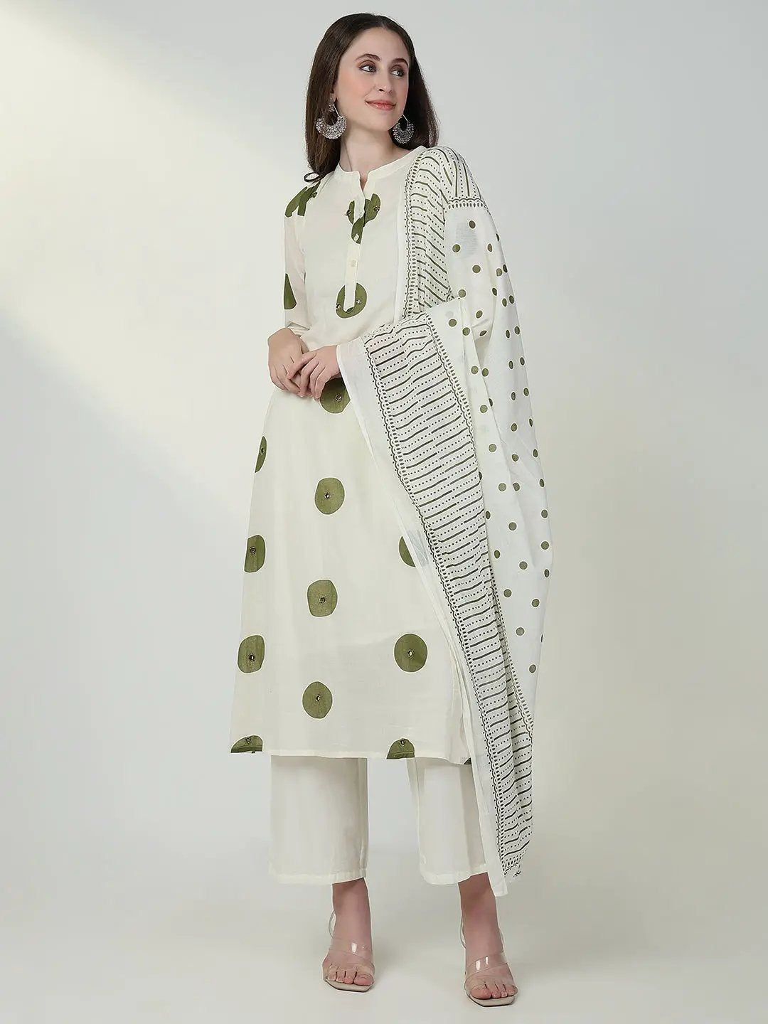 Women's Geometric Off White A Line Kurta Set with Dupatta