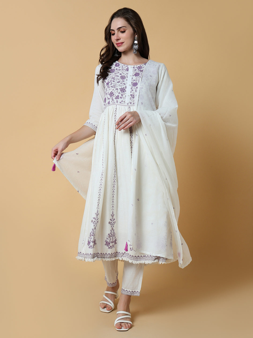 Women's Floral White Straight Kurta Set with Dupatta