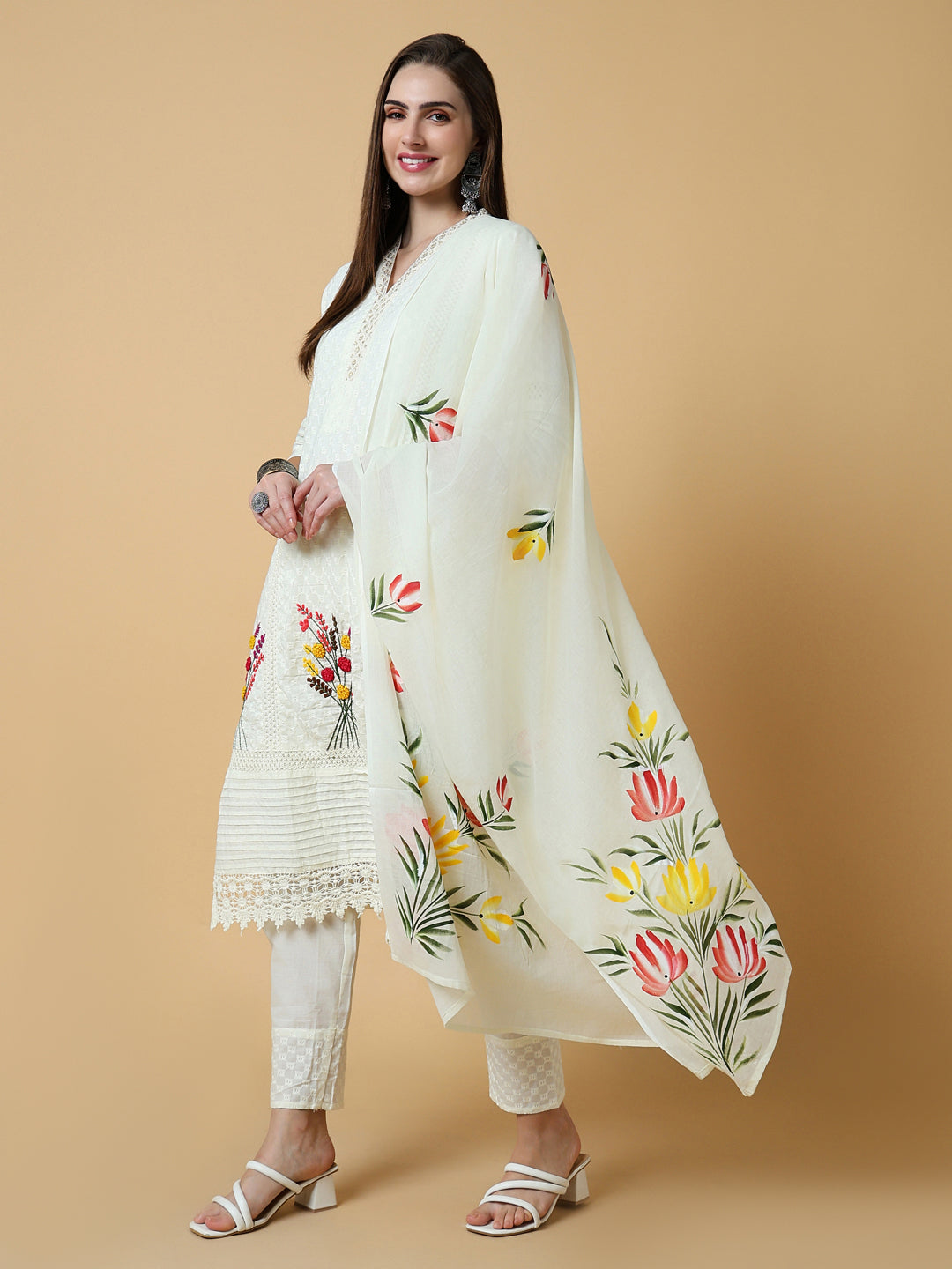Women's Solid Ethnic Off White Straight Kurta Set with Dupatta