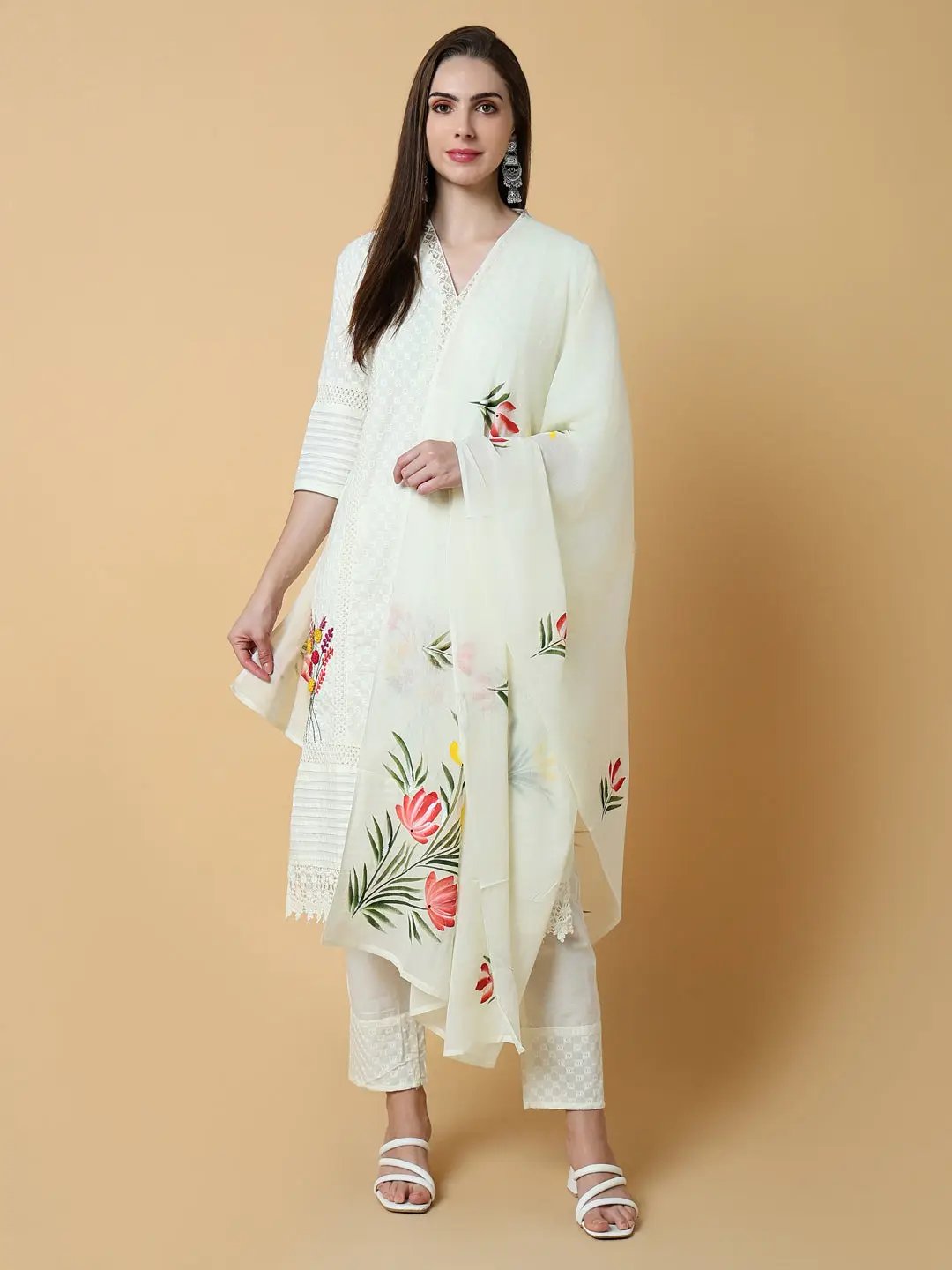 Women's Solid Ethnic Off White Straight Kurta Set with Dupatta