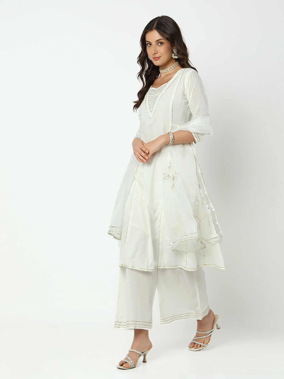 Women's Off White A-Line Kurta Set with Dupatta