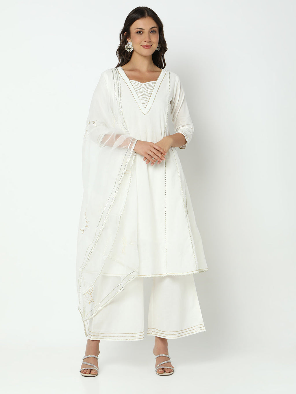 Women's Off White A-Line Kurta Set with Dupatta