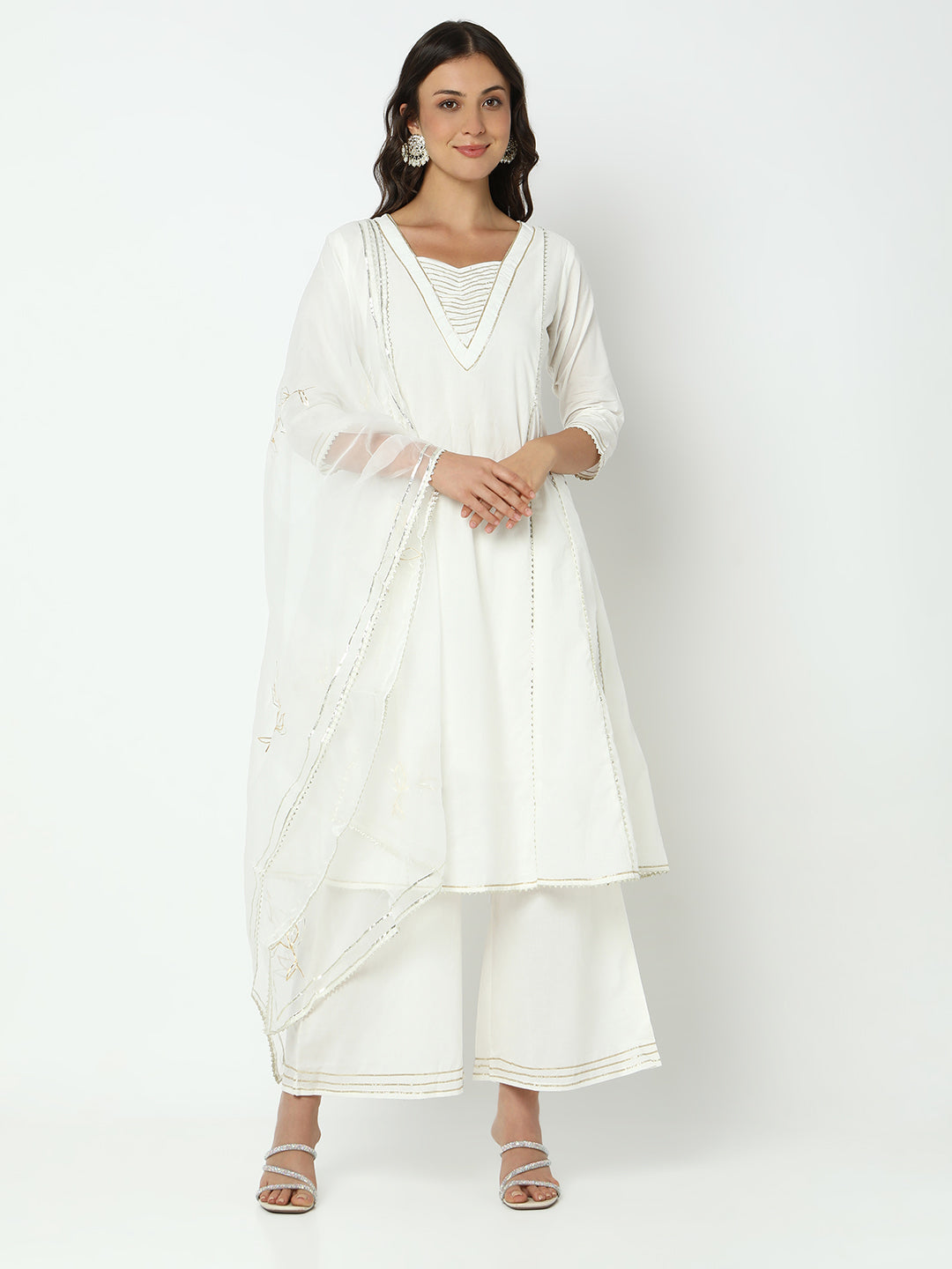 Women's Off White A-Line Kurta Set with Dupatta