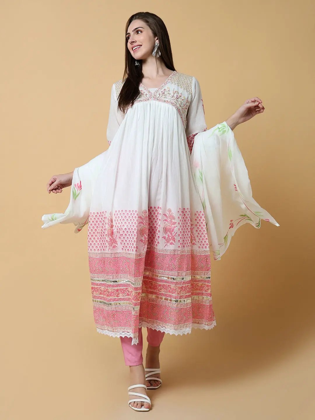 Women's Ethnic Floral Printed White Anarkali Kurta Set with Dupatta