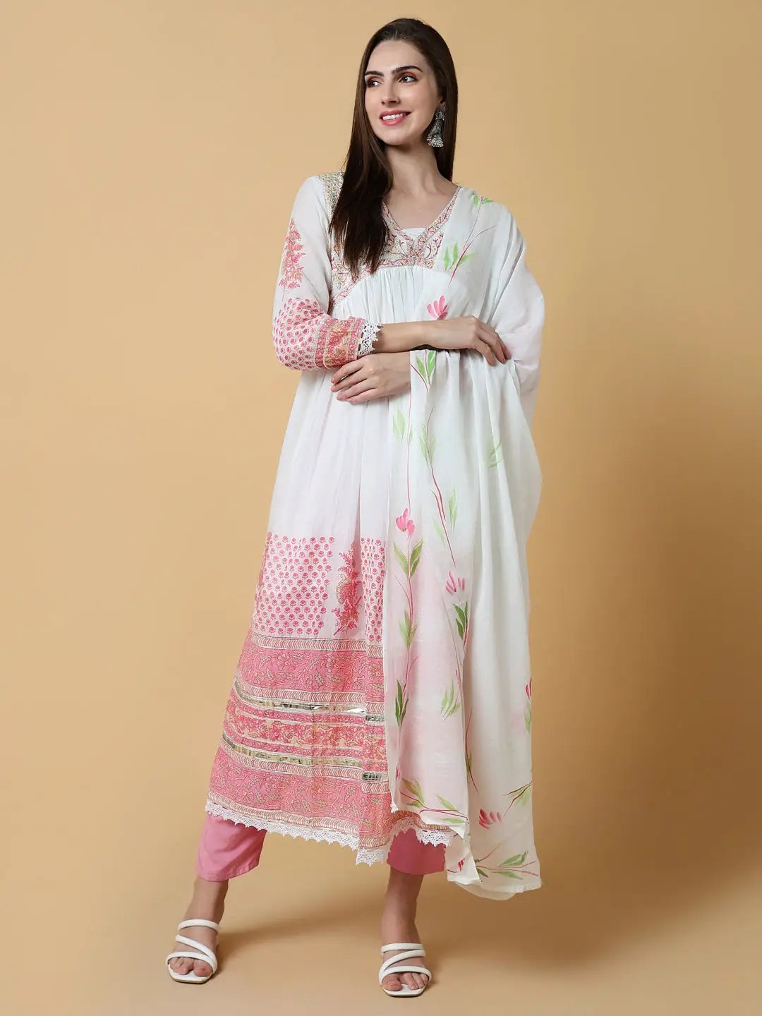 Women's Ethnic Floral Printed White Anarkali Kurta Set with Dupatta