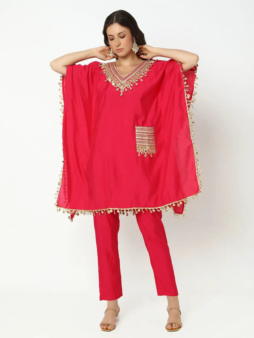 Women's Embroidered Pink Mirror Work Kaftan Kurta Set with Trouser