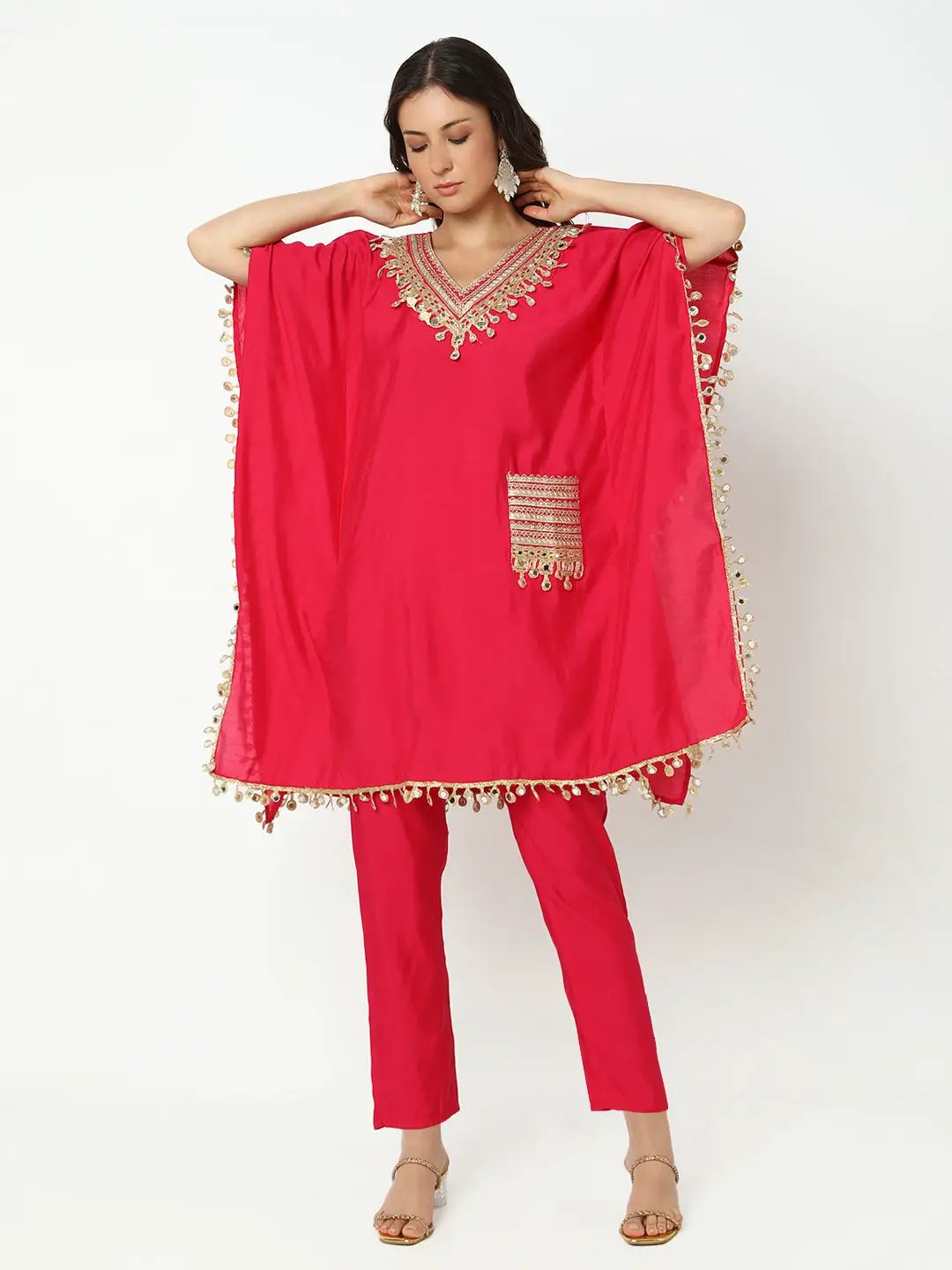 Women's Embroidered Pink Mirror Work Kaftan Kurta Set with Trouser
