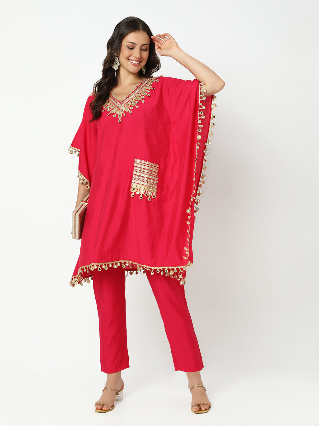 Women's Embroidered Pink Mirror Work Kaftan Kurta Set with Trouser