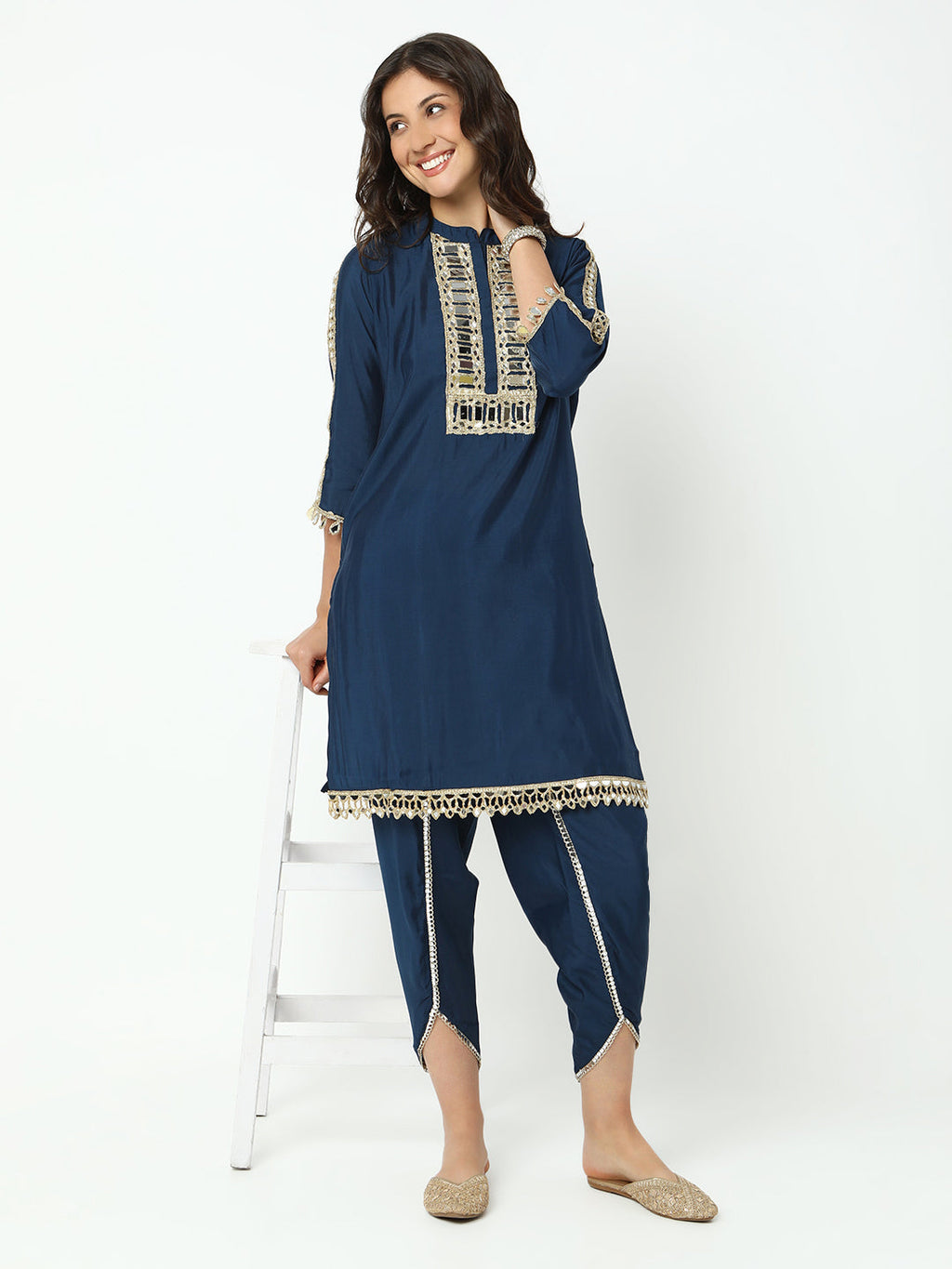 Women’s Navy Blue Mirror Work Straight Kurta Set with Dhoti Pants